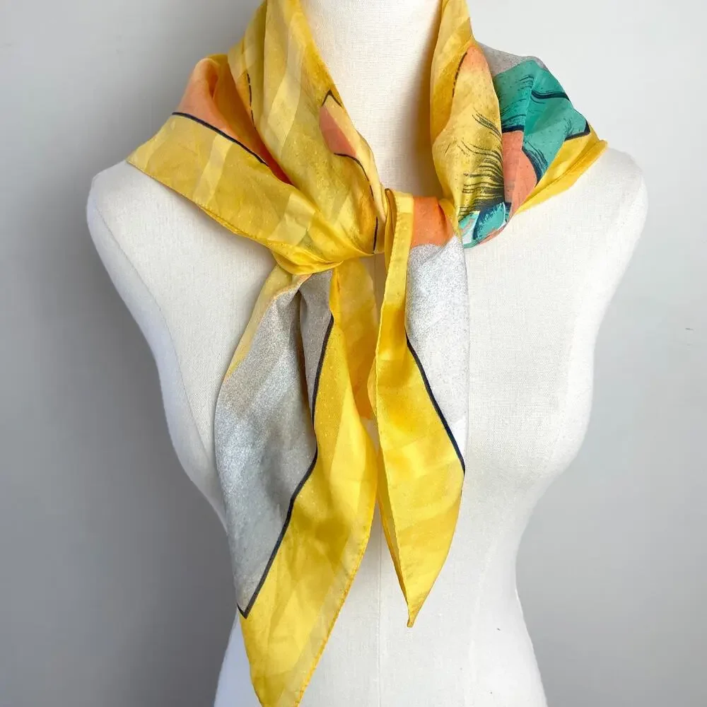Vintage Oversized Floral Square Scarf Yellow Colorful Modernist Art To Wear